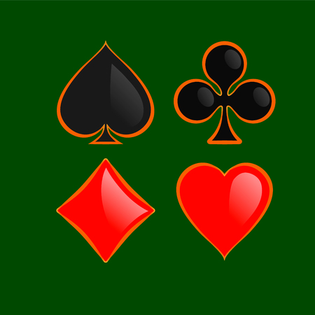 Set of shiny playing card suitswith gold outline isolated on green backgroundのイラスト素材