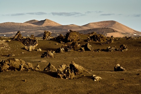 volcano landscape at sunset, national parc of Timanfaya in Lanzarote, Spainの写真素材