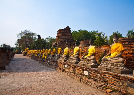Buddha statues at the temple of Wat Yai Chai Mongkol in Ayutthaya near Bangkok, Thailandの写真素材