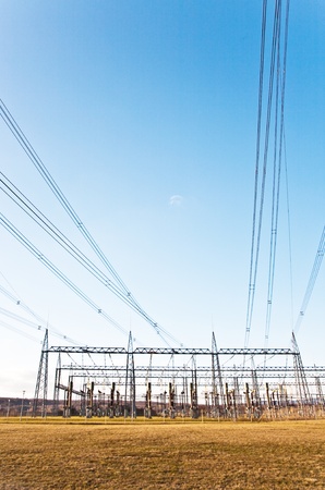 electricity tower for energy in beautiful landscapeの写真素材