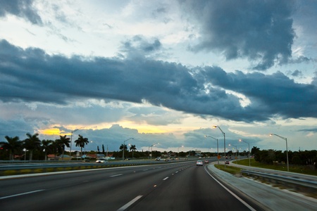 driving car in the evening on the Highwayの写真素材