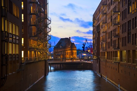 historic Speicherstadt at night in Hamburgの写真素材