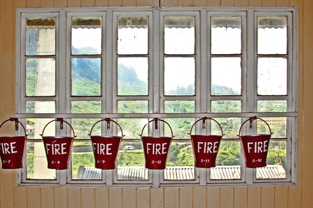 bucket with sand in a tea factory for fire fightingの写真素材