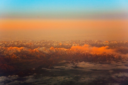 beautiful view from the aircraft to the mountains in Tashkent, china and Kirgistan, covered with...