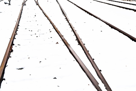 snowbound rails in winter with shunting switchの写真素材