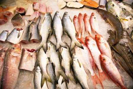 whole fresh fishes are offered in the fish market in asia