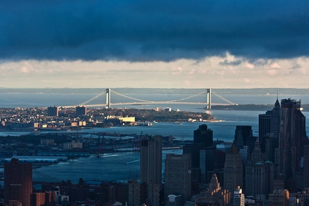 Aerial panoramic view over upper Manhattan from Empire State building top New York to Hudson and bridgeの写真素材