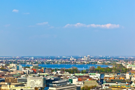 cityscape of Hamburg from the famous tower Michaelis with view to the city and the harborの写真素材