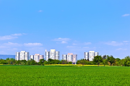 housing area in rural landscape with fieldsの写真素材
