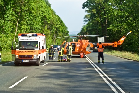 BAD HOMBURG, GERMANY - May 05: Helicopter on the street to save and transport a seriously insured...