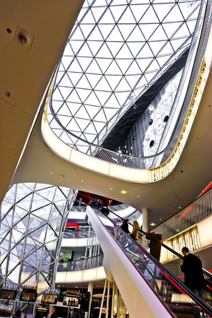 FRANKFURT, GERMANY - AUGUST 21: Modern architecture in the new shopping center Myzeil by architect M. Fuksas symbolizes a dried river in afternoon light on August, 21, 2010 in Frankfurt, Germany.のeditorial素材