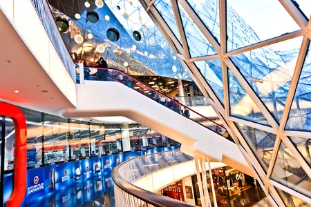 FRANKFURT, GERMANY - AUGUST 21: Modern architecture in the new shopping center Myzeil by architect M. Fuksas symbolizes a dried river in afternoon light on August, 21, 2010 in Frankfurt, Germany.のeditorial素材