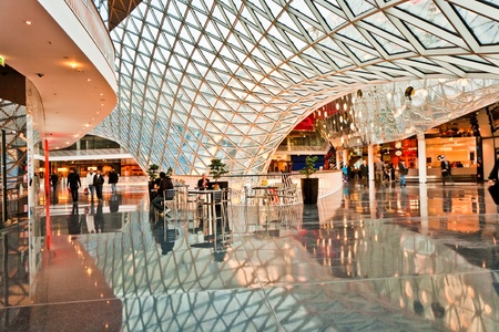 FRANKFURT, GERMANY - AUGUST 21: Modern architecture in the new shopping center Myzeil by architect M. Fuksas symbolizes a dried river in afternoon light on August, 21, 2010 in Frankfurt, Germany.のeditorial素材