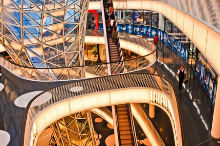 FRANKFURT, GERMANY - AUGUST 21: Modern architecture in the new shopping center Myzeil by architect M. Fuksas symbolizes a dried river in afternoon light on August, 21, 2010 in Frankfurt, Germany.のeditorial素材