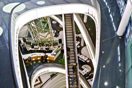 FRANKFURT, GERMANY - AUGUST 21: Modern architecture in the new shopping center Myzeil by architect M. Fuksas symbolizes a dried river in afternoon light on August, 21, 2010 in Frankfurt, Germany.のeditorial素材