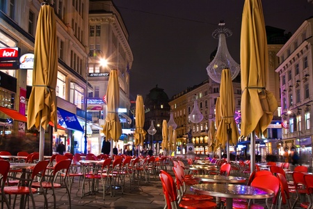VIENNA, AUSTRIA - APRIL 25: Vienna - famous Graben street at night with rain reflection on the cobbles  on April 25, 2009 in Vienna, Austria.のeditorial素材