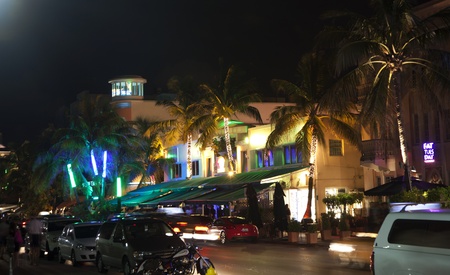 MIAMI BEACH, USA - August 02: Night view at Ocean drive on August 02,2010 in Miami Beach, Florida. Art Deco Night-Life in South Beach is one of the main tourist attractions in Miami.のeditorial素材