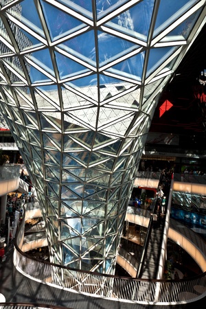 FRANKFURT, GERMANY - AUGUST 21: modern architecture in the newly inaugurated Shopping center myzeil by architect Massimiliano Fuksas symbolizes a dried river, afternoon light on August, 21, 2010 in Frankfurt, Germany.のeditorial素材
