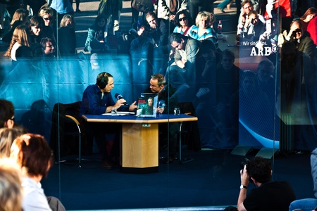 FRANKFURT, GERMANY - OCTOBER 10: public day for Frankfurt Book fair, Hannes Jaenicke, actor and activist against project Stuttgart 21 in interview  on October 10, 2010 in Frankfurt, Germany.のeditorial素材
