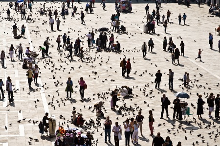 VENICE, ITALY - 04 JULY: Tourists on San Marco square feed large flock of pigeons on July 04, 2007. San Marco square is the largest and most famous square in Venice.のeditorial素材
