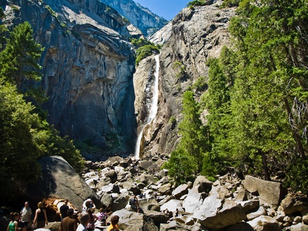 Upper and lower Yosemite falls with a powerful spring water flow in vertical compositionの写真素材