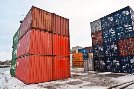 MAINZ, GERMANY - JANUARY 1: container in famous container harbor in Winter on January, 1, 2010 in Mainz, Germany. He was constructed by Eduard Kreyssig between 1880 and 1887 and placed on an old roman war harbor.のeditorial素材