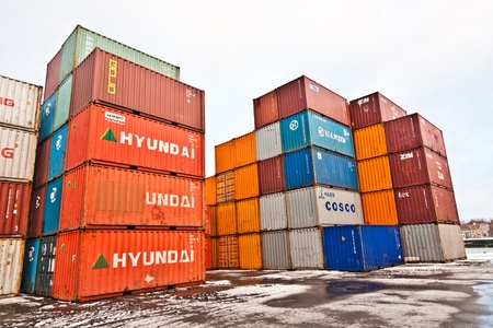 MAINZ, GERMANY - JANUARY 1: container in famous container harbor in Winter on January, 1, 2010 in Mainz, Germany. He was constructed by Eduard Kreyssig between 1880 and 1887 and placed on an old roman war harbor.のeditorial素材