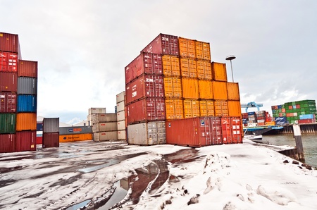 MAINZ, GERMANY - JANUARY 1: container in famous container harbor in Winter on January, 1, 2010 in Mainz, Germany. He was constructed by Eduard Kreyssig between 1880 and 1887 and placed on an old roman war harbor.のeditorial素材