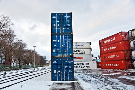 MAINZ, GERMANY - JANUARY 1: container in famous container harbor in Winter on January, 1, 2010 in Mainz, Germany. He was constructed by Eduard Kreyssig between 1880 and 1887 and placed on an old roman war harbor.のeditorial素材