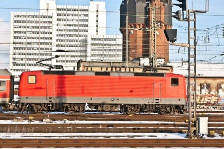 red railway in motion in the stationのeditorial素材