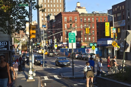 NEW YORK CITY - JULY 09: Sunset in Allen street on July 09, 2011 in New York City. The street's...
