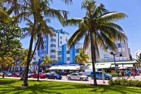 MIAMI BEACH, USA - AUGUST 02: midday view at Ocean drive on August 02,2010 in Miami Beach, Florida. Art Deco architecture in South Beach is one of the main tourist attractions in Miami.のeditorial素材