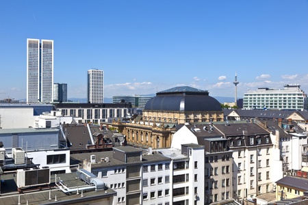 view to skyline of Frankfurt with famous stock exchange and skyscraperのeditorial素材