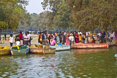 DELHI, INDIA - NOVEMBER 14: people enjoy boating on the artifical lake near the Indian Gate in Delhi on November 18,2011 in Delhi, India.のeditorial素材