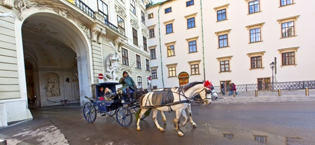 VIENNA, AUSTRIA - NOV 26: horse drawn fiaker at the Hofburg on November 26,2010 in Vienna, Austria. Since the 17th century, the horse-drawn carriages characterize Viennas cityscape.のeditorial素材