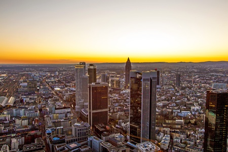 aerial of Frankfurt am Main in the eveningの写真素材