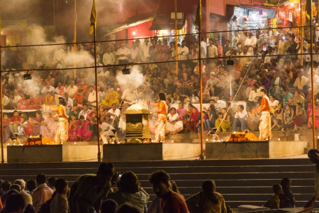 VARANASI, INDIA- MAY 4: Crowds of people worshiping bathing in the sacred River Ganges by night at Varanasi on May 4,2012 in Varanasi, India.のeditorial素材