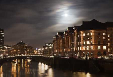 historic Speicherstadt at night in Hamburgのeditorial素材
