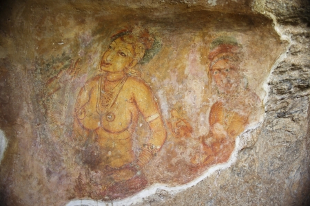 world famous frescos of ladies in Sigiriya style at the palace of Kashyapa, Sigirya, Sri Lankaのeditorial素材