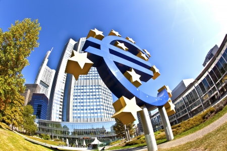 The European Central Bank (ECB) on a sunny day, Frankfurt am Main, Germanyのeditorial素材