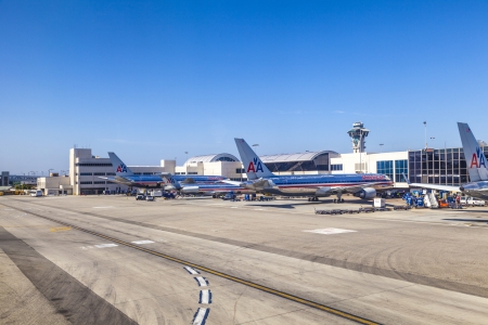 LOS ANGELES, USA - JUNE 9:  American Airlines jet Boeing 767  parking on gate position  on June 9, 2012 in Los Angeles, USA. With 60 million passenger LAX is the third biggest airport in the US.のeditorial素材