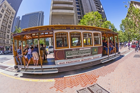 SAN FRANCISCO - JUNE 20: Famous Cable Car Bus near Fisherman's Wharf on June 20, 2012 in San Francisco, California. Cable car trains first began operating in the city in 1873.のeditorial素材