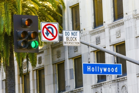 Hollywood Blvd street sign with tall palm trees.のeditorial素材
