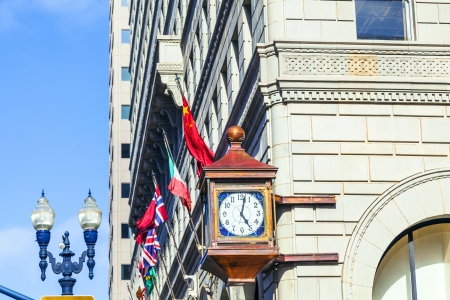 SAN DIEGO, USA - JUNE 11: facade with old clock in the gaslamp quarter on June 11, 2012 in San Diego, USA. The area is a historic district on the National Register of Historic Places and dates back to 1867.のeditorial素材