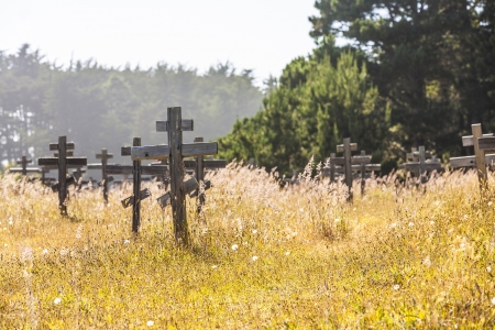old wooden crosses at the historic orthodox cemetery of Fort Rossの写真素材