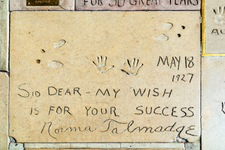 LOS ANGELES - JUNE 26:  handprints of Norma Talmadge  in Hollywood Boulevard on June 26,2012 in Los Angeles. There are nearly 200 celebrity handprints in the concrete of Chinese Theatre's forecourt.のeditorial素材
