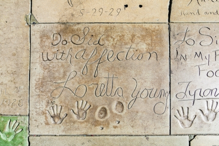 LOS ANGELES - JUNE 26:  handprints of Loretta Young in Hollywood Boulevard on June 26,2012 in Los Angeles. There are nearly 200 celebrity handprints in the concrete of Chinese Theatre's forecourt.のeditorial素材