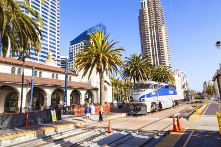 SAN DIEGO, USA - JUNE 11: train arrives at Union Station on June 11, 2012 in San Diego, USA. The Spanish Colonial Revival style station opened on March 8, 1915 as Santa Fe Depot.のeditorial素材