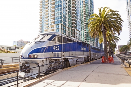 SAN DIEGO, USA - JUNE 11: train arrives at Union Station on June 11, 2012 in San Diego, USA. The Spanish Colonial Revival style station opened on March 8, 1915 as Santa Fe Depot.のeditorial素材