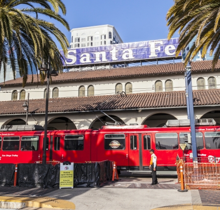 SAN DIEGO, USA - JUNE 11: train arrives at Union Station on June 11, 2012 in San Diego, USA. The Spanish Colonial Revival style station opened on March 8, 1915 as Santa Fe Depot.のeditorial素材